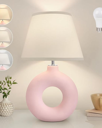Pink Ceramic Table Lamp for Living Room Bedroom, 21" Modern Bedside Lamps for Kids Room 3 Color Temperature Small Table Lamps for Night Stands, Dorm, Dining Room, Home Décor (Bulb Included) - LeafyLoom