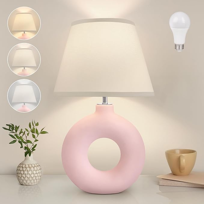 Pink Ceramic Table Lamp for Living Room Bedroom, 21" Modern Bedside Lamps for Kids Room 3 Color Temperature Small Table Lamps for Night Stands, Dorm, Dining Room, Home Décor (Bulb Included) - LeafyLoom