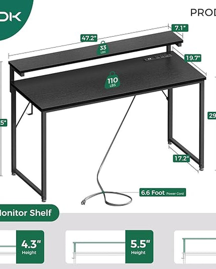 AODK Computer Desk, 48 Inch Gaming Desk with LED Lights and Power Outlet, Office Desk with Adjustable Monitor Shelf (3 Heights), Computer Table Work Desk for Home/Bedroom, Black - LeafyLoom