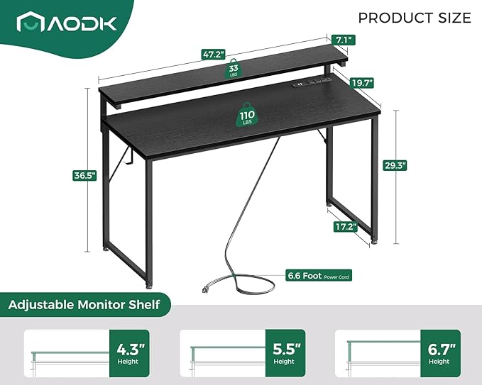 AODK Computer Desk, 48 Inch Gaming Desk with LED Lights and Power Outlet, Office Desk with Adjustable Monitor Shelf (3 Heights), Computer Table Work Desk for Home/Bedroom, Black - LeafyLoom