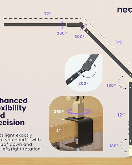 Neatfi LED Desk Lamp with Clamp, Touch & Remote Controlled, Stepless Dimming, 3 Color Modes, 3000-6000K, Detachable Shade, Flicker-Free, 360° Rotation, Wide Angle Lighting (Modern, Black) - LeafyLoom
