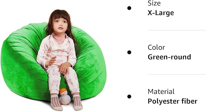 Bean Bag Chair Cover, Stuffed Animal Storage, Plush Toys Organizer Holder, Beanbag Chairs Cover for Kids Teans and Adults Super Soft and Comfortable Fabric X-Large with Handle and Zipper -Round Green - LeafyLoom