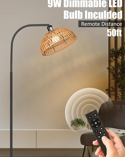 Rattan Floor Lamp- Boho Standing Lamp with Remote Control and Dimmable Bulb, Hand-Worked Adjustable Rattan Shades, Black Farmhouse Tall Lamp, Boho Arc Floor Lamps for Living Room, Bedroom, Office - LeafyLoom