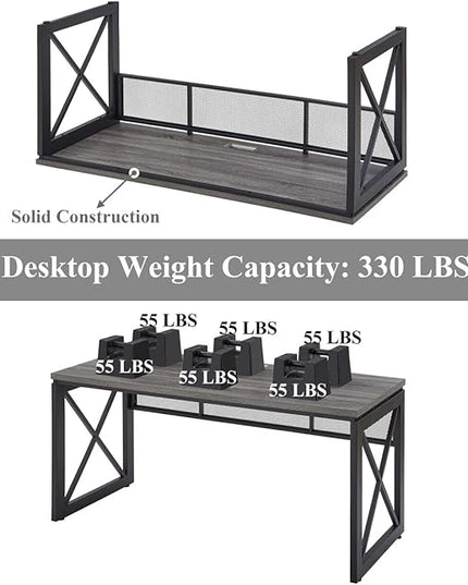 BON AUGURE Industrial Computer Desk, Rustic Wood Desk for Home Office, Sturdy Metal Writing Work Desk (60 Inch, Dark Grey Oak) - LeafyLoom