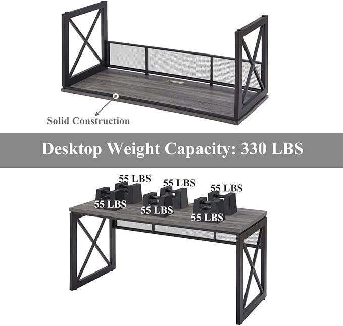 BON AUGURE Industrial Computer Desk, Rustic Wood Desk for Home Office, Sturdy Metal Writing Work Desk (60 Inch, Dark Grey Oak) - LeafyLoom
