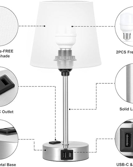 Table Lamps for Bedrooms Set of 2 Bedside - Nightstand with USB C Port and AC Outlet Charging, Dimmable Touch Small White End Side Lamp Light for Kid/Guest Room/Living Room - LeafyLoom
