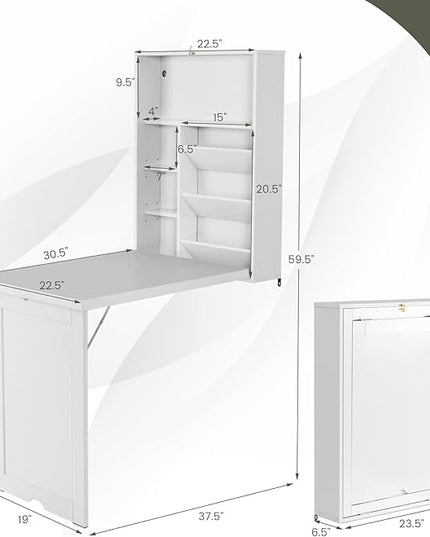 Wall Mounted Table w/Classified Storage Space, Foldable Multiple-Purpose Desk, Sturdy Wood Structure, White - LeafyLoom