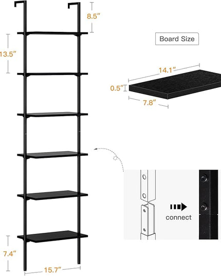 ODK Ladder Shelf, 6 Tier Black Bookshelf, 86 Inch Wall Mounted Book Shelf with Metal Frame, Ladder Bookshelf Bookcase for Bedroom, Home Office and Living Room - LeafyLoom