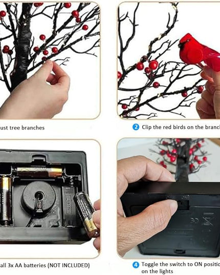 21in Black Birch Tree with 60 Led Lights, Twinkle Tree Lamp with Lighted Branches, Fairy Light Spirit Tree with 2 Red Birds for Room Decor, Easter, Halloween, Thanksgiving, Christmas, New Year, etc. - LeafyLoom