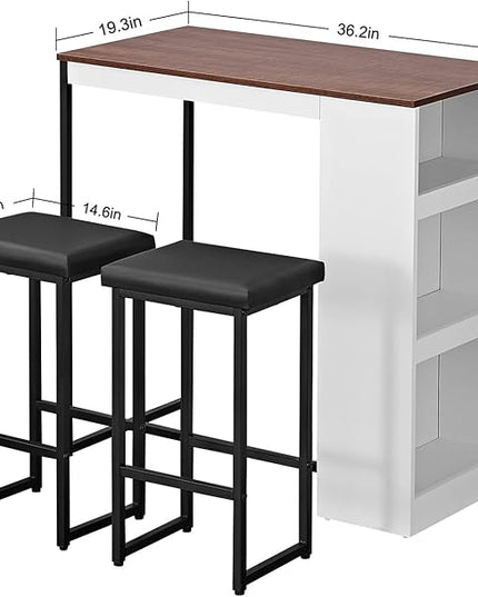 Panana 3 Piece Dining Table Set Kitchen Bar Table with Two Stool Storage Shelves Wood Counter Height Table Top with Sew Kerf Finish Dining Room Home - LeafyLoom