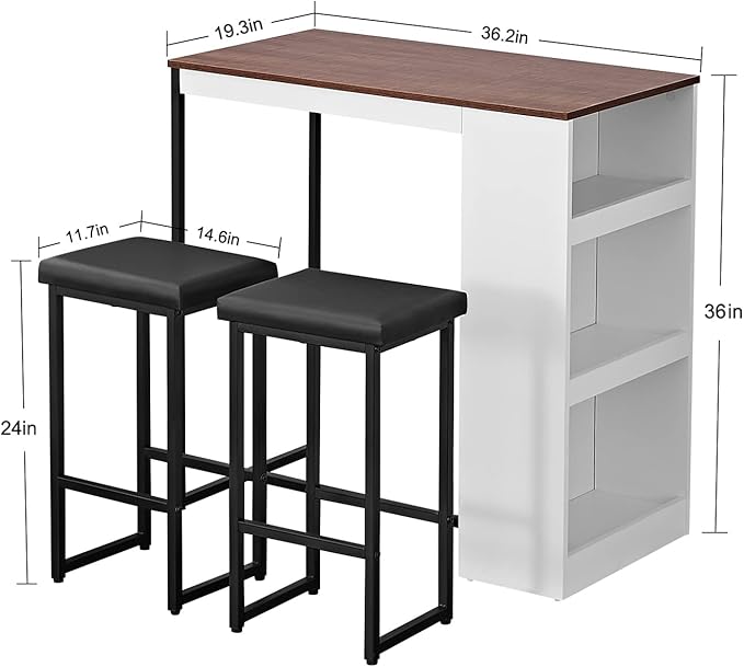 Panana 3 Piece Dining Table Set Kitchen Bar Table with Two Stool Storage Shelves Wood Counter Height Table Top with Sew Kerf Finish Dining Room Home - LeafyLoom