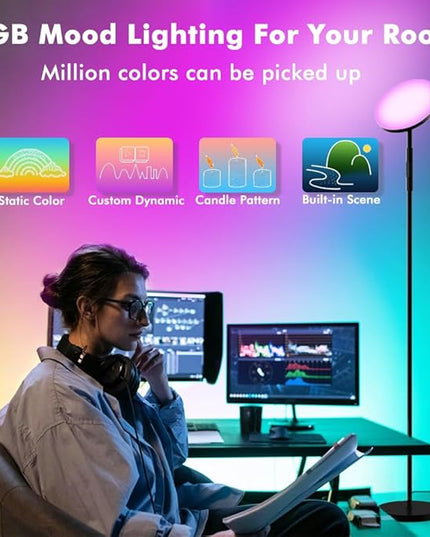 Smart RGB Floor Lamp 24W/2000LM Standing Bright Tall LED Sky Floor Lamp with Remote Dimmable Color Changing Modern Black Pole Touch Control Torchiere Stand Up Lamp Warm for Living Room Bed Room Office - LeafyLoom