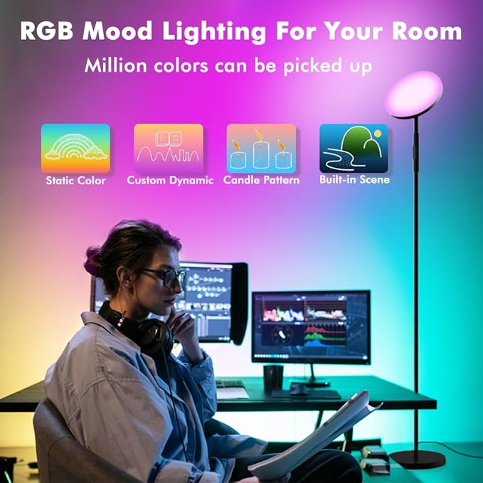 Smart RGB Floor Lamp 24W/2000LM Standing Bright Tall LED Sky Floor Lamp with Remote Dimmable Color Changing Modern Black Pole Touch Control Torchiere Stand Up Lamp Warm for Living Room Bed Room Office - LeafyLoom