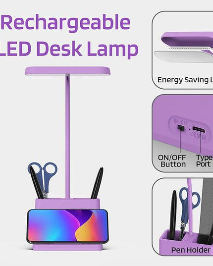 AXX Purple Desk Lamp, Study Lamp/Desktop Lamps for Small Spaces - Small, Battery Operated, Rechargeable, Cute, Gooseneck, Mini, Cordless - College Dorm Room/Home Office Desk Accessories - LeafyLoom