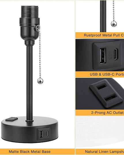 Small Bedroom Lamps with USB C and A Ports 3 Color Temperatures - 2700K 3500K 5000K Pull Chain White Nightstand Bedside Table Lamps with AC Outlet, Metal Base for Kids Reading - LeafyLoom