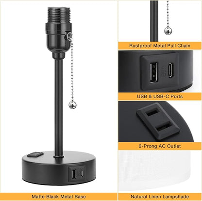 Small Bedroom Lamps with USB C and A Ports 3 Color Temperatures - 2700K 3500K 5000K Pull Chain White Nightstand Bedside Table Lamps with AC Outlet, Metal Base for Kids Reading - LeafyLoom
