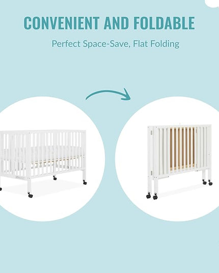 Quinn Full-Size Folding Crib In White, Removeable Wheels, Modern Nursey, Adjustable Mattress Support, Portable Crib, Patented Folding System - LeafyLoom