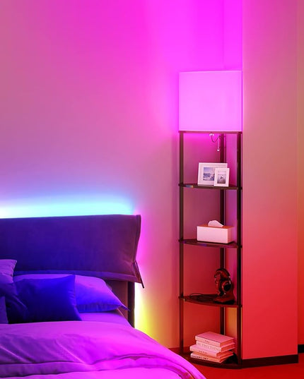 addlon Smart 5-Tier Shelf Floor Lamp with RGB Bulb and White Lamp Shade - Corner Display Floor Lamps with Shelves for Living Room, Bedroom and Office - Black - LeafyLoom