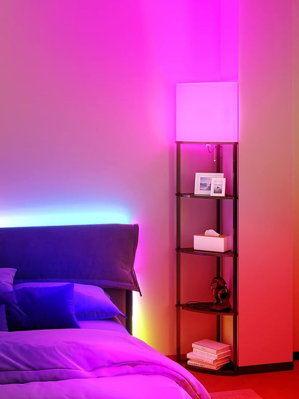 addlon Smart 5-Tier Shelf Floor Lamp with RGB Bulb and White Lamp Shade - Corner Display Floor Lamps with Shelves for Living Room, Bedroom and Office - Black - LeafyLoom