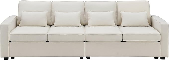 104" Modern Sofa, 4-seat Couch with Armrest Pockets and 4 Pillows for Living Room, Apartment, 104inch, Beige - LeafyLoom