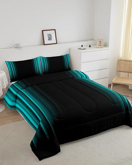 Geometric Abstract Ombre Comforter Set Kids Teens Teal and Black Striped Bedding Bed Set Decor Modern Fashion Comforter Inner Fill Bedroom Collection 2Pcs Twin Size - LeafyLoom