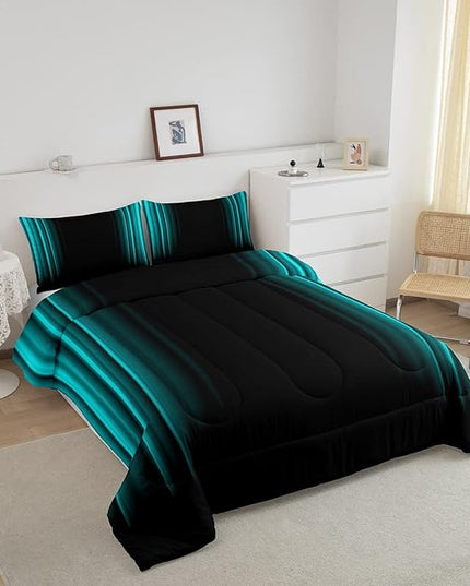 Geometric Abstract Ombre Comforter Set Kids Teens Teal and Black Striped Bedding Bed Set Decor Modern Fashion Comforter Inner Fill Bedroom Collection 3Pcs Full Size - LeafyLoom