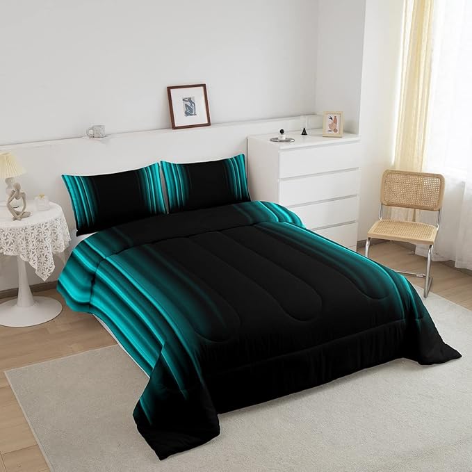Geometric Abstract Ombre Comforter Set Kids Teens Teal and Black Striped Bedding Bed Set Decor Modern Fashion Comforter Inner Fill Bedroom Collection 3Pcs Full Size - LeafyLoom