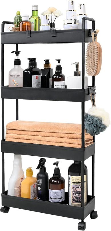 Arogan Slim Rolling Storage Cart with Wheels, 4 Tier Bathroom Storage Cart Laundry Room Organizer, Rolling Utility Cart for Kitchen, Bathroom, Laundry Room, Office, Narrow Place(Black) - LeafyLoom
