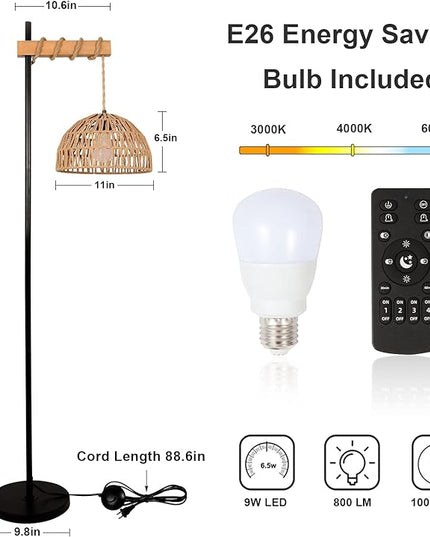 Floor Lamp for Living Room with 3 Color Temperatures and Stepless Dimmer, Smart Floor Lamp with Remote Control & APP, Tall Standing Lamp with Rattan Lampshade, Farmhouse Floor Lamps for Bedroom Office - LeafyLoom