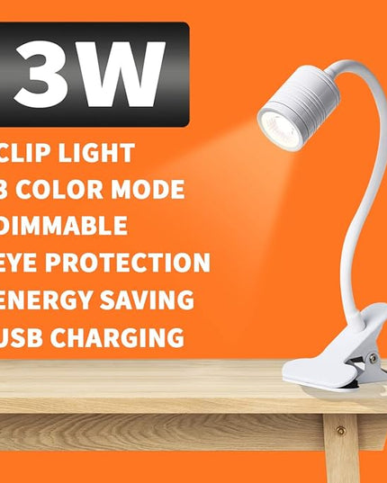 EAGLOD LED 3 Brightness Clamp Light，Portable Clip Light LED Lamp, USB Plug Clip on Desk Lamp,360°Flexible Gooseneck Night Reading Light,Desk/Table Bedside Headboard,Nail Art,Tattoo Lamp - LeafyLoom