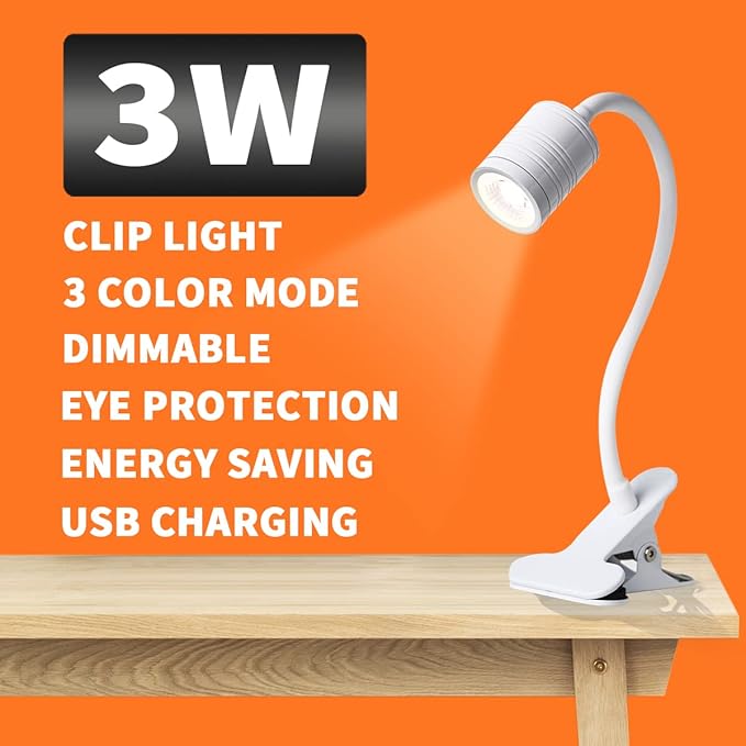 EAGLOD LED 3 Brightness Clamp Light，Portable Clip Light LED Lamp, USB Plug Clip on Desk Lamp,360°Flexible Gooseneck Night Reading Light,Desk/Table Bedside Headboard,Nail Art,Tattoo Lamp - LeafyLoom