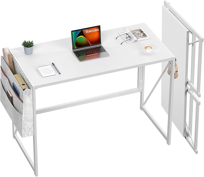 Folding Desk, Small Foldable Desk 39.4 Inch for Small Space, Computer Table Home Office Writing Desk with Storage Bag Headphone Hook, Easy Assembly, White - LeafyLoom