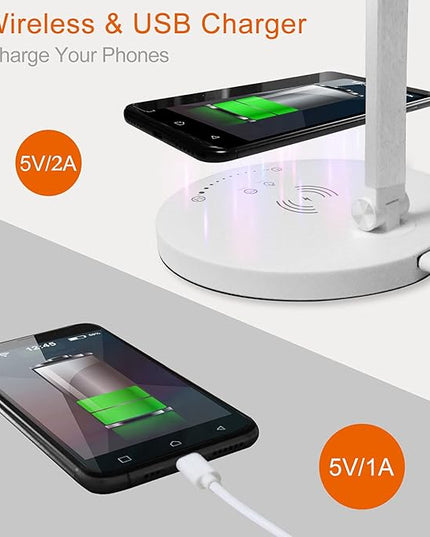 LED Desk Lamp Wireless Charger, Aluminum Dimmable Eye-Caring Table Lamp with 5 Lighting Models with 5 Brightness Levels, Touch Control and Memory Function, USB Charging Port, 8W, White…… - LeafyLoom