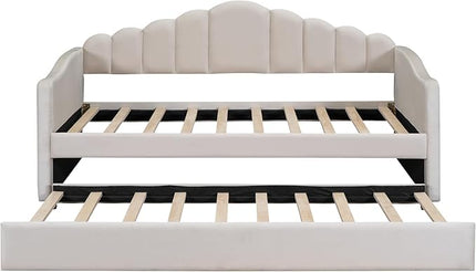 Twin Size Upholstered Daybed with Trundle and Striped Headboard, Velvet Sofa Bed w/USB Charging Ports & Side Pockets, for Bedroom Living Room, No Box-spring Needed, Beige - LeafyLoom