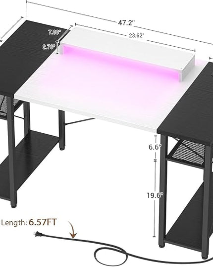 armocity Computer Desk with LED Lights, 48 Inch Desk with Power Outlet and USB, Reversible Large Desk with Moveable Monitor Stand, 48'' Gaming PC Table for Home Office, Workstation, White and Black - LeafyLoom