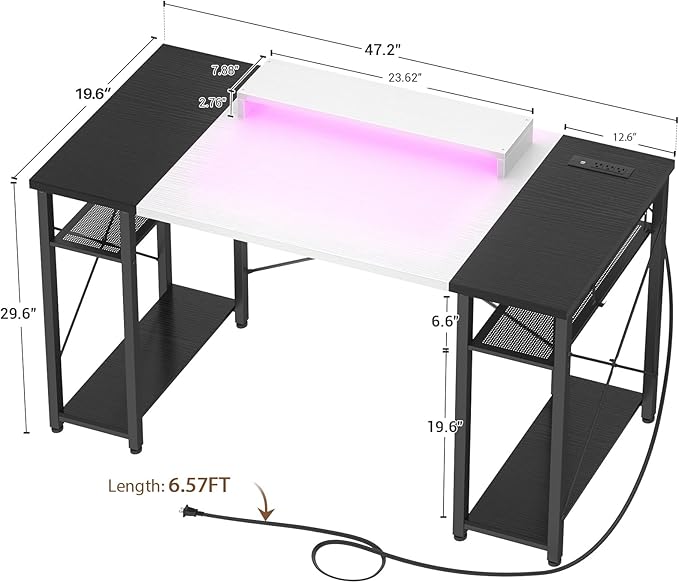 armocity Computer Desk with LED Lights, 48 Inch Desk with Power Outlet and USB, Reversible Large Desk with Moveable Monitor Stand, 48'' Gaming PC Table for Home Office, Workstation, White and Black - LeafyLoom
