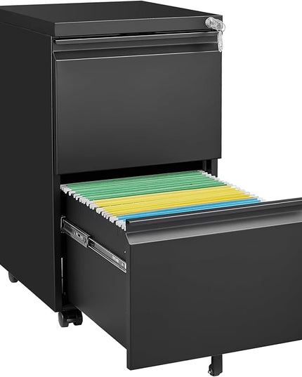 2 Drawer Mobile Lock and Casters,Pre-Assembled Metal Office Storage Filing Cabinets w/Anti-Dumping Fifth Round,for Letter/Legal/A4 Size,Black - LeafyLoom