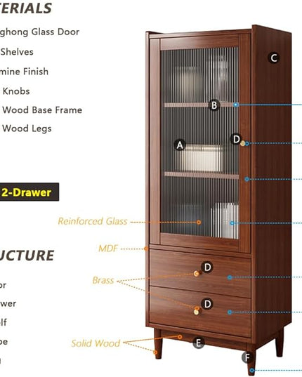 Wooden Glass Door Bookcase - 3-Tier Cube Bookshelf Storage Cabinet with Double Drawer and Adjustable Shelf, Solid Wood Legs Cupboard in Dark Walnut - LeafyLoom