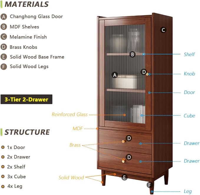 Wooden Glass Door Bookcase - 3-Tier Cube Bookshelf Storage Cabinet with Double Drawer and Adjustable Shelf, Solid Wood Legs Cupboard in Dark Walnut - LeafyLoom