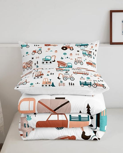 Boys Cartoon Car Comforter Set, Kids Construction Cars Trucks Comforter for Cartoon Botanical Truck Bedding Set Cute Cars Quilt with 2 Pillowcases 3Pcs Bedding Full Boys - LeafyLoom