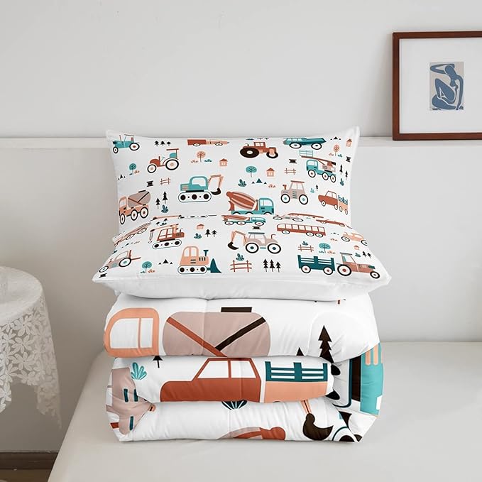 Boys Cartoon Car Comforter Set, Kids Construction Cars Trucks Comforter for Cartoon Botanical Truck Bedding Set Cute Cars Quilt with 2 Pillowcases 3Pcs Bedding Full Boys - LeafyLoom