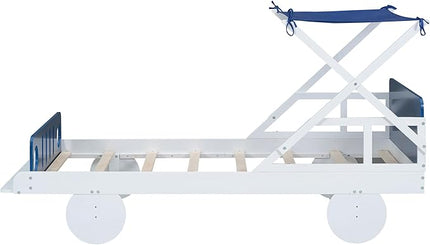Wood Twin Size Car Bed with Ceiling Cloth, Headboard and Footboard, Car-Shaped Platform Bed W/Storage Shelves,Kids Twin-Bed-Frame for Boys,Girls,White+Blue - LeafyLoom