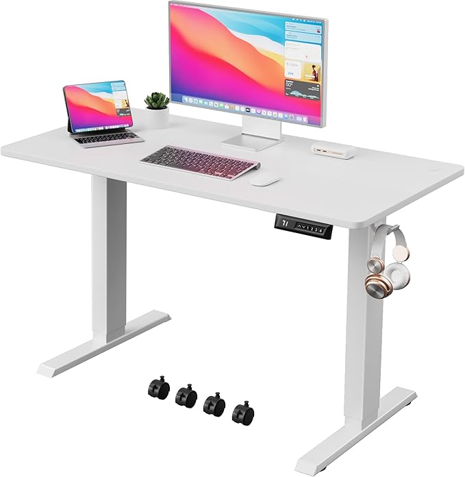 Electric Standing Desk 40 Inch, Ergonomic Height Adjustable Table with T-Shaped Metal Bracket Modern Computer Workstations for Home Office, White - LeafyLoom