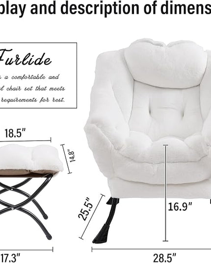 Lazy Chair with Ottoman, Modern Chair with Folding Footrest, Lounge Accent Chair, Comfortable Reading Chair (Plush White) - LeafyLoom