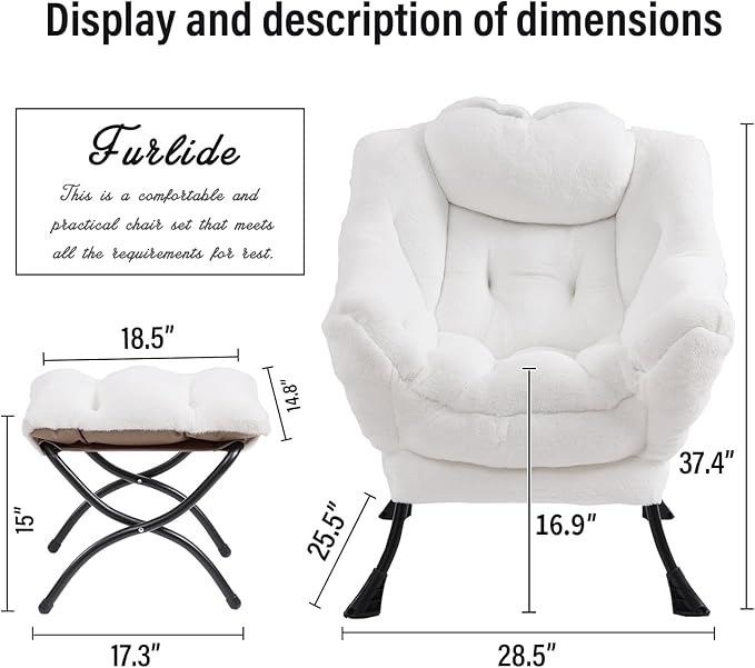Lazy Chair with Ottoman, Modern Chair with Folding Footrest, Lounge Accent Chair, Comfortable Reading Chair (Plush White) - LeafyLoom