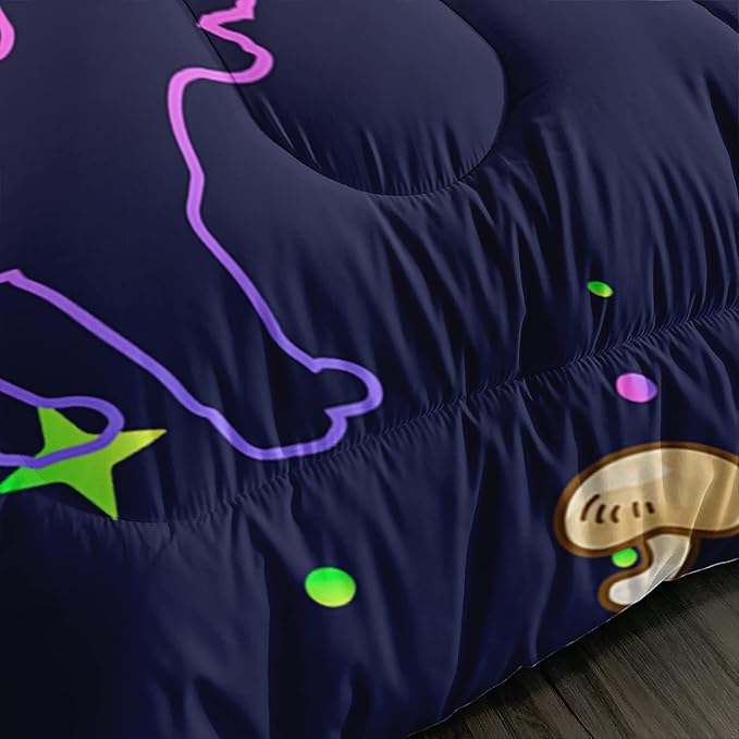 Mushroom Kawaii Cat Comforter Set Full Size Kids Mushroom Bedding Set Star Theme Quilt Bed Set for Boys Girls Adults with 1 Comforter and 2 Pillowcases - LeafyLoom