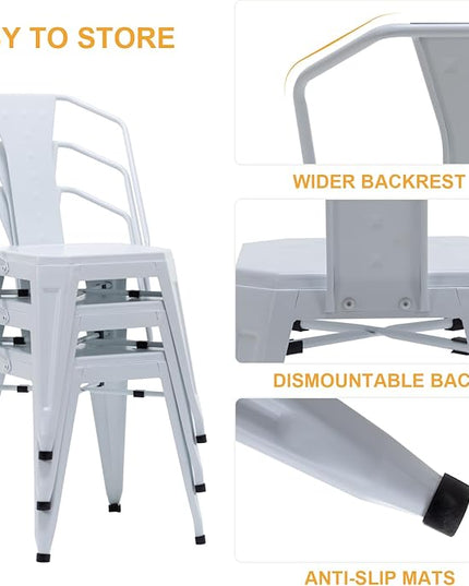 Modern Dining Chair Set of 4, Stackable Metal Chairs, Waterproof Counter Bar Chairs with High Backrest, Quick Assembly Cafe Chairs, Tolix Style for Home, Kitchen and Bar Use, White - LeafyLoom
