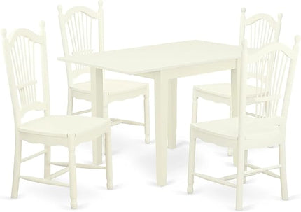 East West Furniture NDDO5-LWH-W Norden 5 Piece Room Set Includes a Rectangle Dining Table with Dropleaf and 4 Wood Seat Chairs, 30x48 Inch, Linen White - LeafyLoom