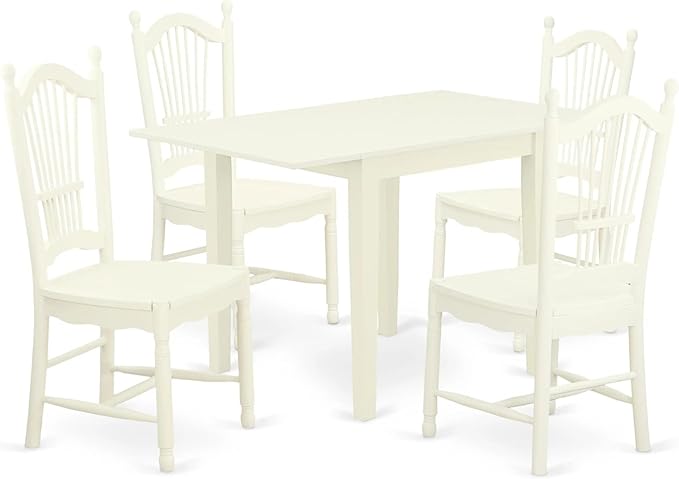 East West Furniture NDDO5-LWH-W Norden 5 Piece Room Set Includes a Rectangle Dining Table with Dropleaf and 4 Wood Seat Chairs, 30x48 Inch, Linen White - LeafyLoom