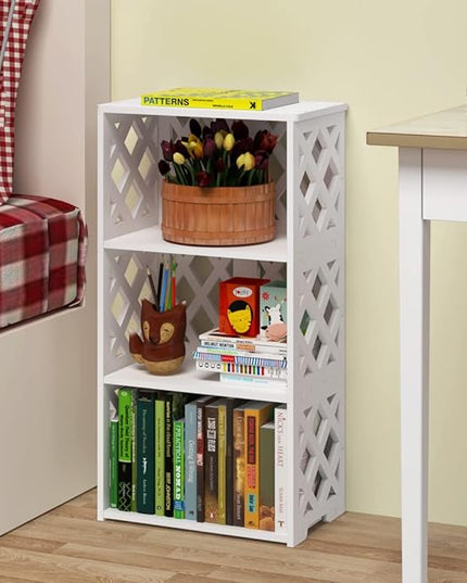 Bookcase 4 Tier, 3-Shelf Kids Bookshelf - Compact Book Organizer and Open Shelf Rack for Bedroom, Living Room, Office, Bathroom - Ideal Small Bookcase for Small Spaces - White - LeafyLoom